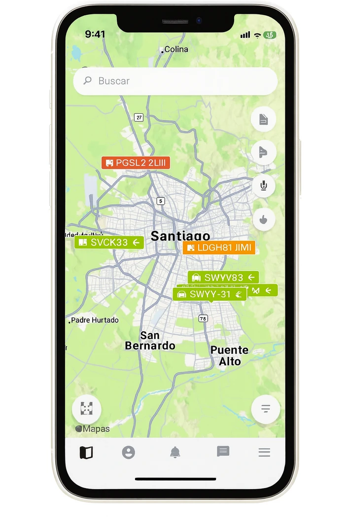 Aplicación BlackGPS mostrando vehículos sobre un mapa