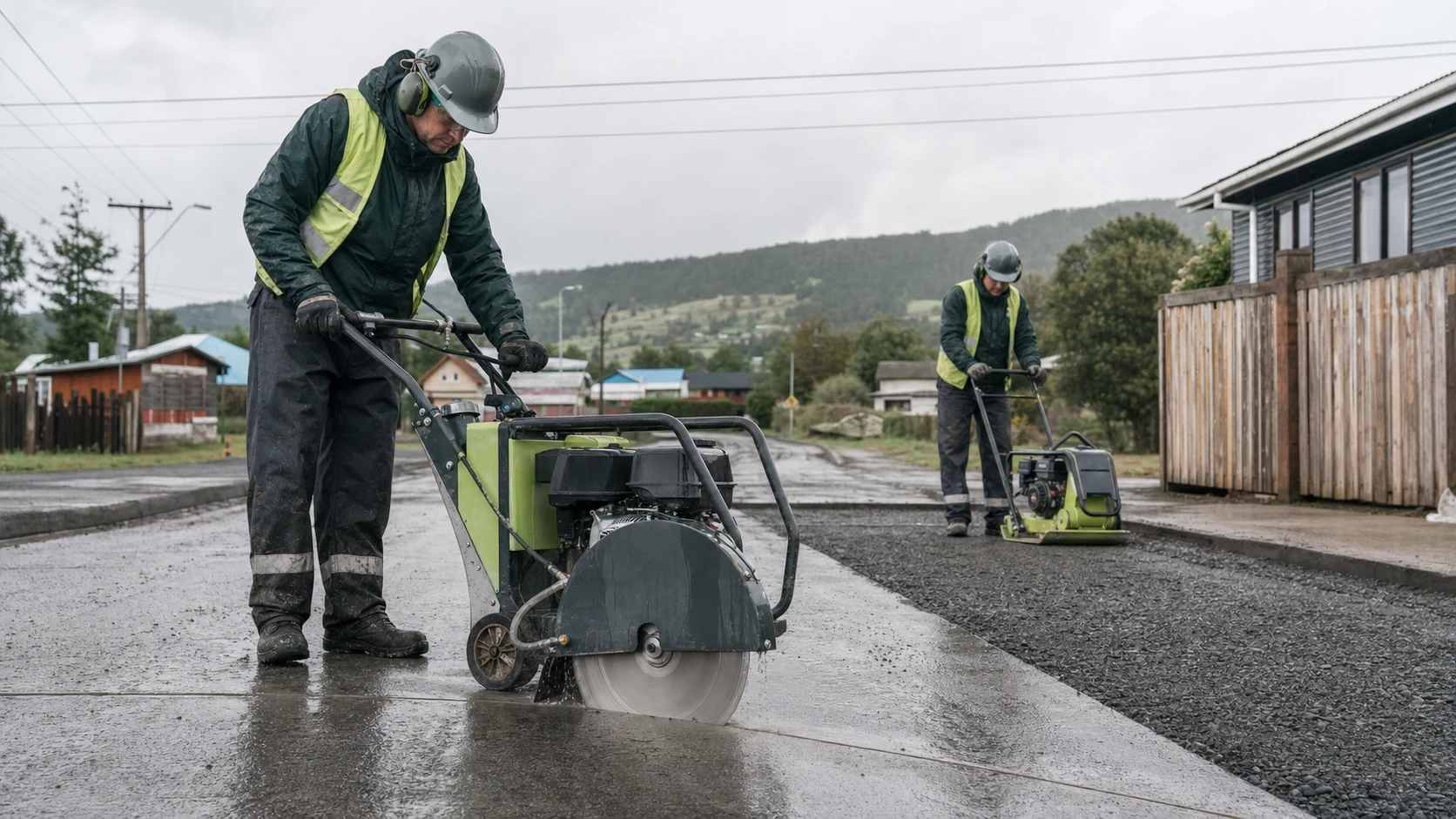 Cortadora de pavimento y placa compactadora trabajando en una vía del sur de Chile